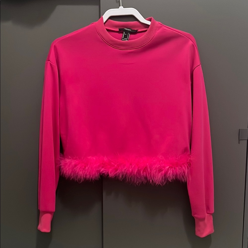 Hot Pink Crop Top Sweater with Feather Trim